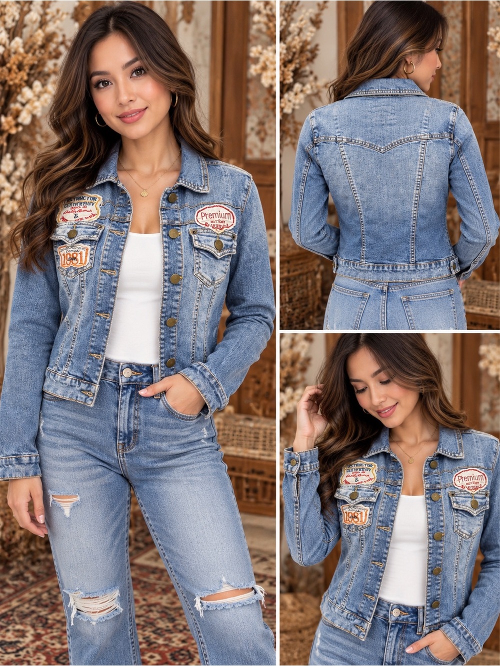 2.1 Denim Jacket Size M Blue Patches Distressed Cotton